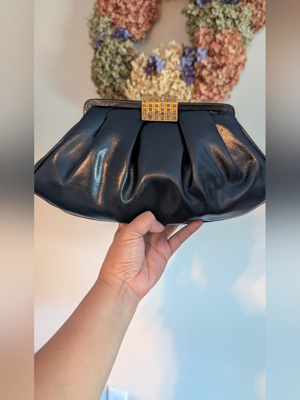 Vintage Pleated navy Blue Leather clutch